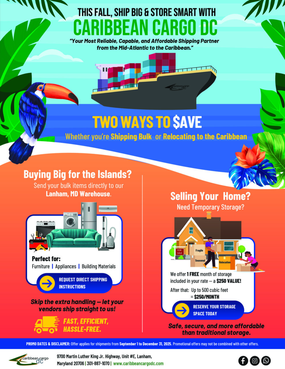 Fall 2025 Caribbean shipping and storage promo flyer – Caribbean Cargo DC